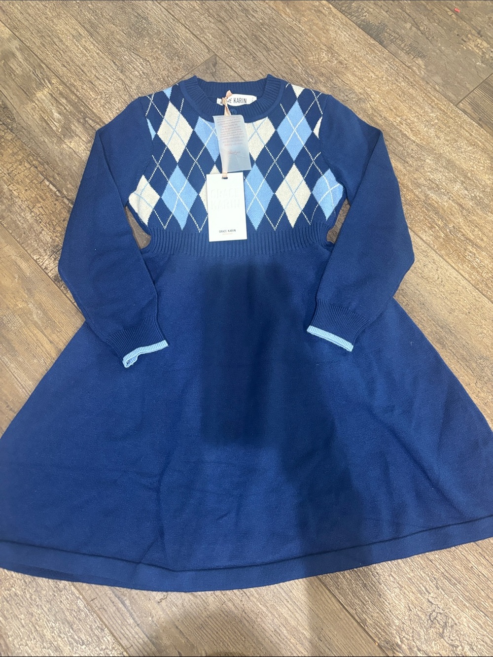 Grace Karin Navy Knit Argyle Dress with Light Blue and White